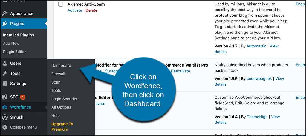 Click Wordpress dashboard