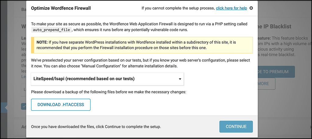 Popup Box in optimizing the Wordfence firewall