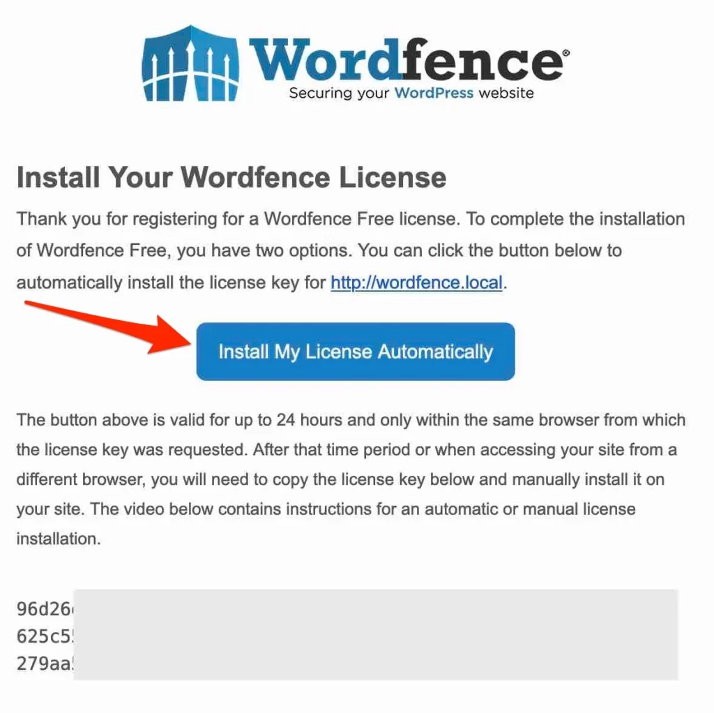 Wordfence license install automatically