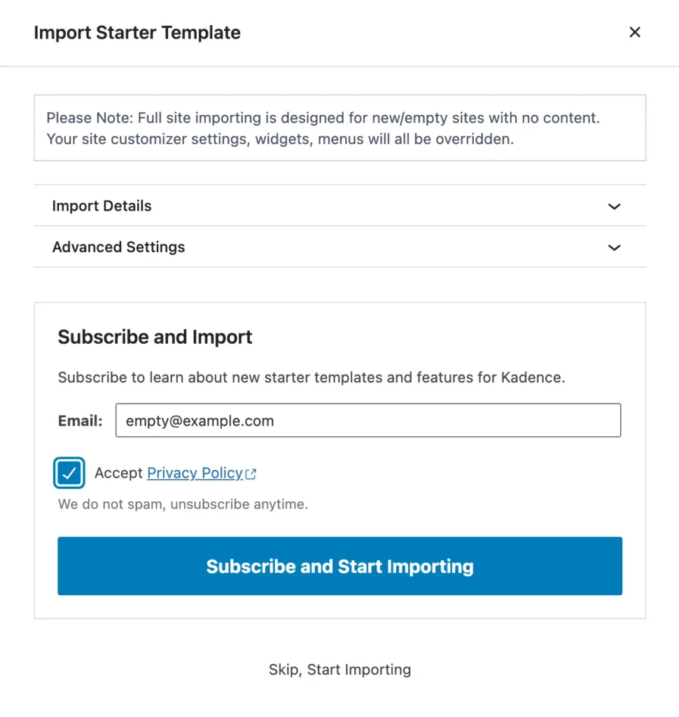 Import Starter template 