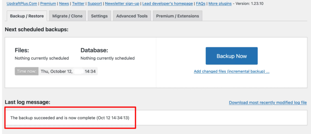 Backup completed in UpdraftPlus plugin