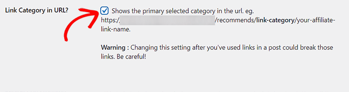Thirsty Affiliates "Link Category in URL?" Setting