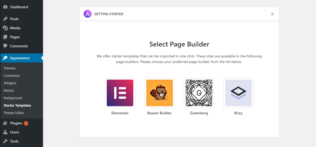 Choose a Page Builder for importing Starter template