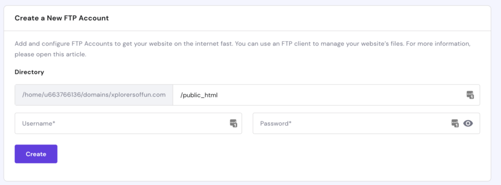 Create a New FTP Account by Enter your username and password