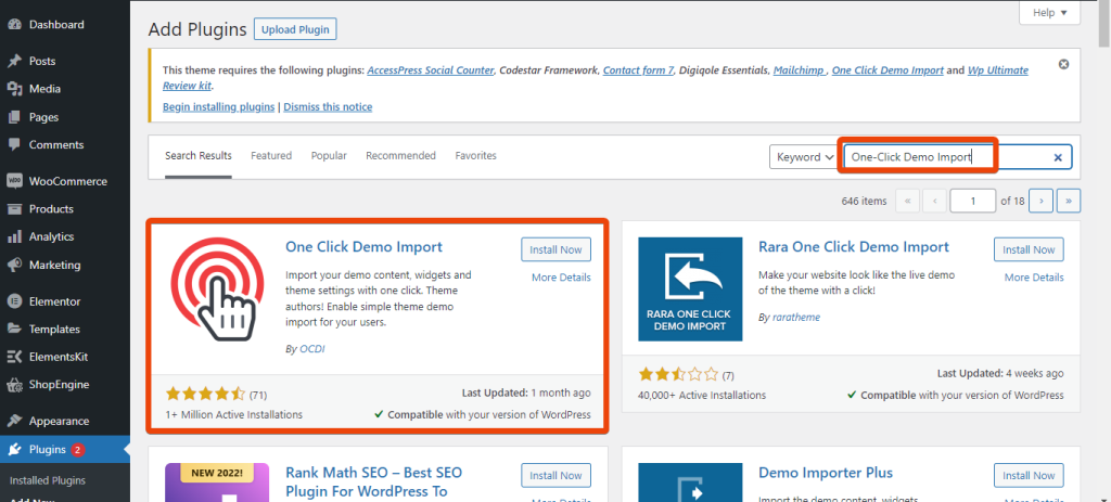 Install the One Click Demo Import plugin