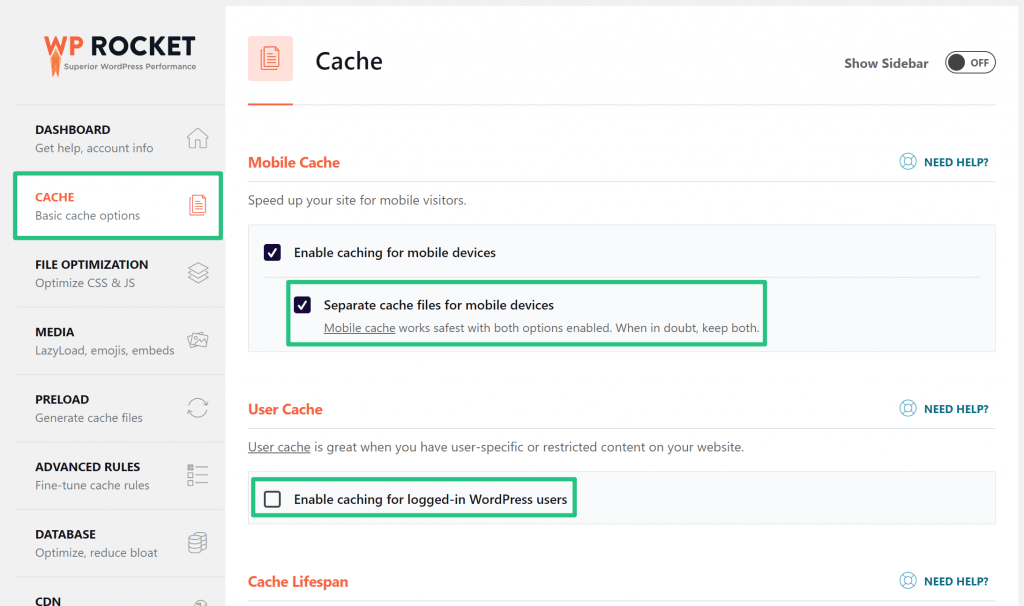 Cache Option in setting WP Rocket