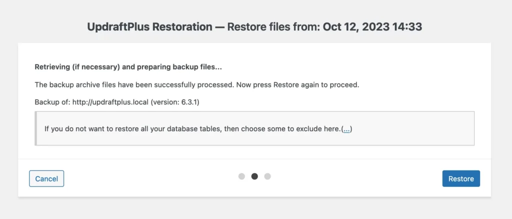 Restore backup in UpdraftPlus plugin