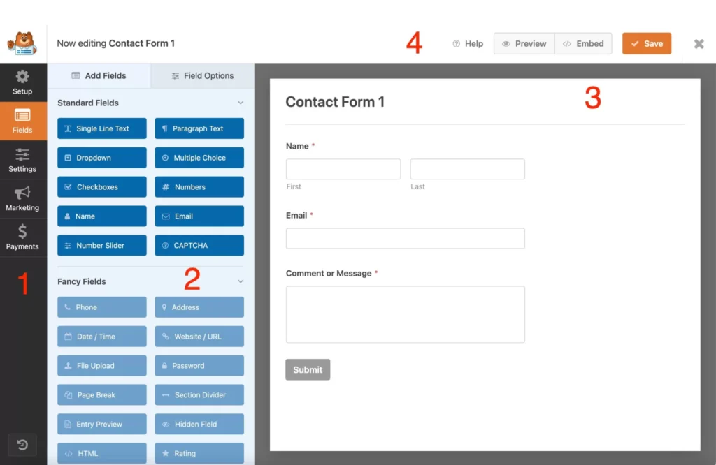  Add fields to your form to Create A Contact Form Using WPForms