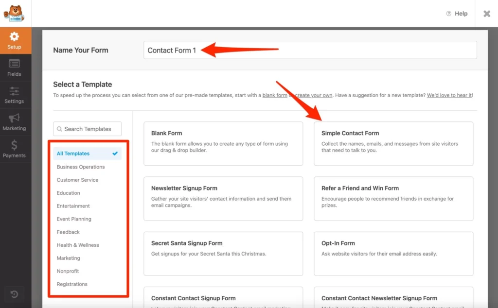 Selecting Template to Create A Contact Form Using WPForms